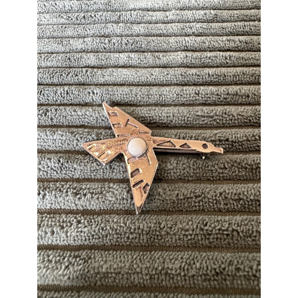 Vintage Art Deco Silver Tone Flying Bird Brooch Pin with White Stone